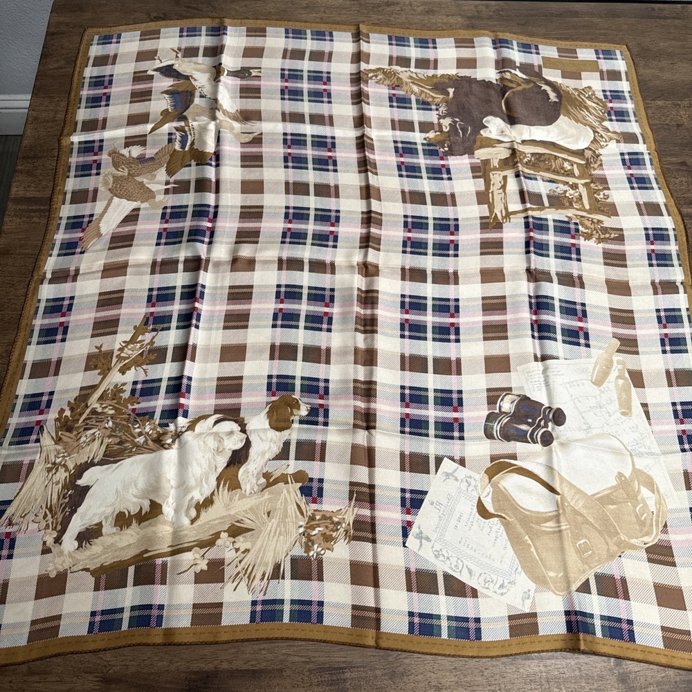 Vintage 34" Ralph Lauren Tartan Plaid Silk Scarf Hunting Sporting Dogs Ducks - Picture 8 of 8